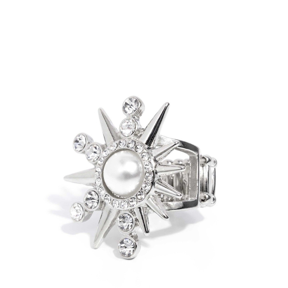 Paparazzi Silver White Pearl Starburst Ring Slam PUNK Fashion Jewelru